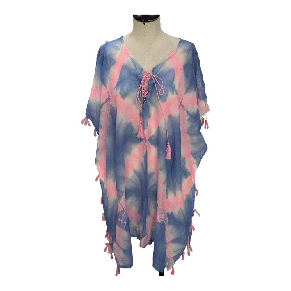 Beulah Style pink & blue tie dye tassel beach swim cover up